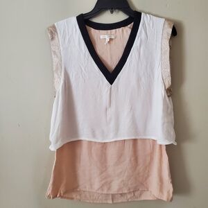 Maje Silk Blend Layered Top Peach Cream Jaquard Black Sleeveless Blouse Size 3/L